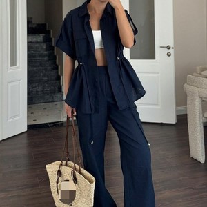 Women's Workwear Style Drawstring Pocket Short-sleeve Shirt and <b>Pants</b> Casual 2-piece Set Fashion - Product Image 5