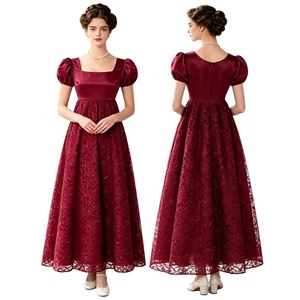 Vestido de Época Regency para Mujer con Cintura Imperio, Corsé de Satén, Encaje Floral Superpuesto, Manga Abullonada y Dobladillo Festoneado - Product Image 2