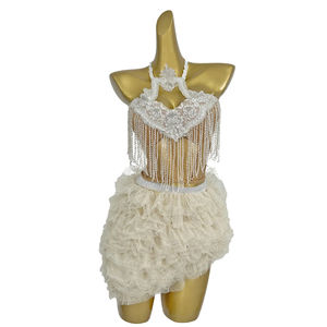Corsé de lentejuelas blancas, minifalda, conjunto de 2 piezas, fiesta, graduación, vestido de diamantes de imitación, mujer, cantante de casa en vivo, espectáculo, disfraces de bailarina - Product Image 1