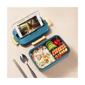 Food Grade 2 Layer Leakproof Round Plastic Wheat Straw Food Container Lunch Box Bento Lunch Box with 430 SS Spoon and Chopsticks