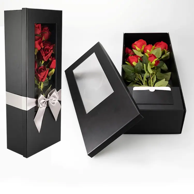Custom Bloemen Dozen Vouwen Opvouwbare Rechthoekige Open Venster Valentijnsdag Rose Bloem Papier Geschenkdozen Voor Boeketten