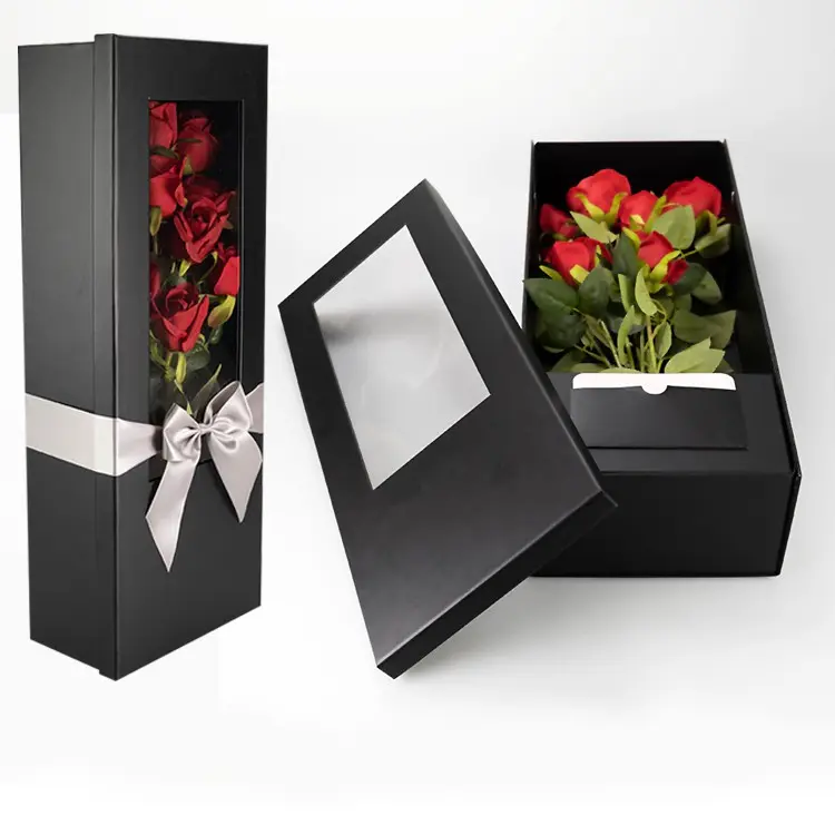 Boîtes florales personnalisées pliables rectangulaires ouvertes fenêtre saint valentin Rose fleur cadeau boîtes en papier pour bouquets