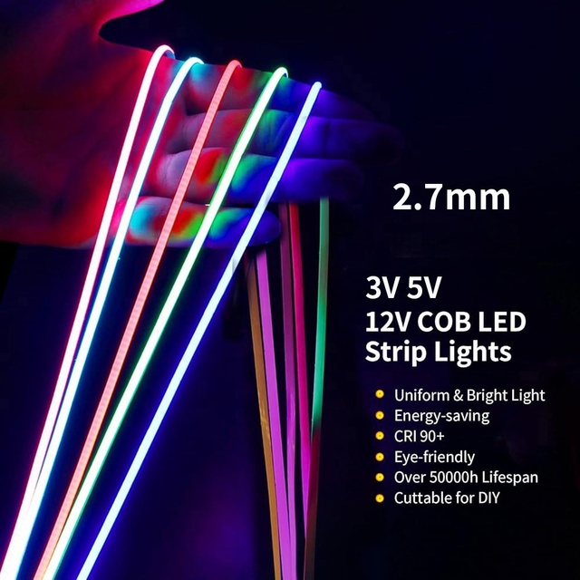 Dot-Free 5V COB 2.7mm 3mm Ultra-Thin LED Strip Light Smart 12V Multicolor Flex Strip High CRI Mini LED Strip Tape Light CE