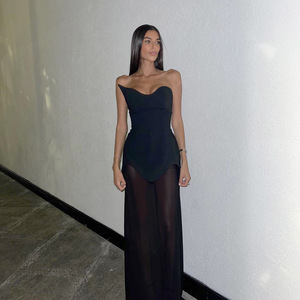 Sexy senza spalline maglia Patchwork fasciatura <span class=keywords><strong>abito</strong></span> <span class=keywords><strong>lungo</strong></span> con sciarpa da donna <span class=keywords><strong>bianco</strong></span> <span class=keywords><strong>nero</strong></span> senza schienale celebrità festa Maxi abiti asimmetrici - Product Image 3