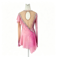 Robe de patinage artistique à manches longues dégradé rose magenta, ornée de strass faits à la main et de volants en maille, pour filles et adultes