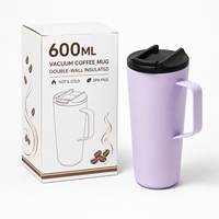 Mug à café isotherme 600 ml avec poignée géométrique, couvercle rabattable, anti-fuite, double paroi sous vide en acier inoxydable, tasse de voyage 20 oz, 12-24 heures