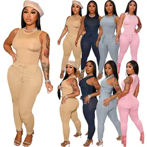 wholesale plus size women's clothing solid color sleeveless top matching two piece pants set