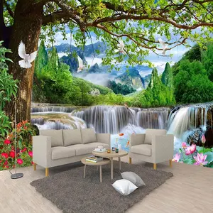 Aangepaste Muurschildering Groene Boom Bos Waterval Behang Natuurlijk Landschap 3d Poster Fotobehang Slaapkamer Woonkamer