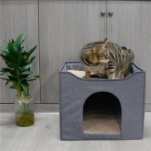 Pet Bed Square Blue Grey Fabric Fiber Fill <b>Hand</b> <b>Wash</b> Cat House Open Style Dual Purpose Folding Pet Bed - Product Image 3