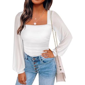 Womens Square Neck Mesh Long Sleeve <b>Blouse</b> Sheer Layer Elegant Business Casual Top Full Sleeve 2025 Fall Outfit - Product Image 1