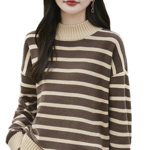 Suéter de punto grueso con cuello simulado y rayas para mujer, manga larga, transpirable, informal - Product Image 2