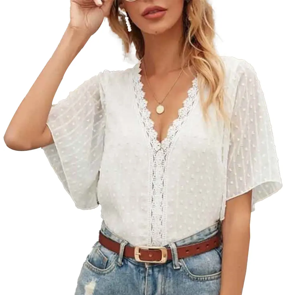 2022 Summer Trending Women's Clothing Lace Shirts Woman Clothes Casual Tunic Tops Fashion Ladies' Blouses V Neck Short Sleeve