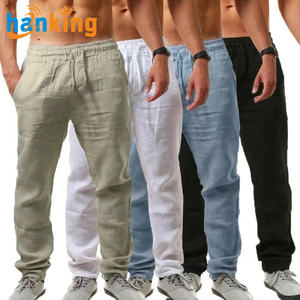 Pantalon en lin et coton pour hommes Pantalon d'été en lin respirant de couleur unie Pantalon de fitness décontracté à taille élastique Hip Hop Street wear - Product Image 1