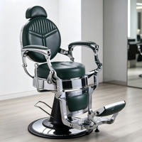 Fauteuil de barbier robuste vert, dossier rond avec surpiqûres géométriques, accoudoirs cantilever chromés et base noire.