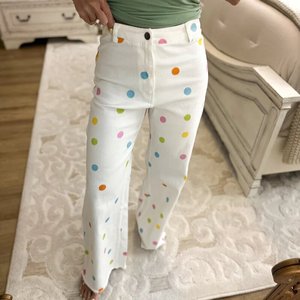 Fabricant de jeans pour femmes personnalisés, à pois pastel, confortables, extensibles, à jambe large, <span class=keywords><strong>taille</strong></span> <span class=keywords><strong>haute</strong></span>, à ourlet brut et évasés en denim - Product Image 1