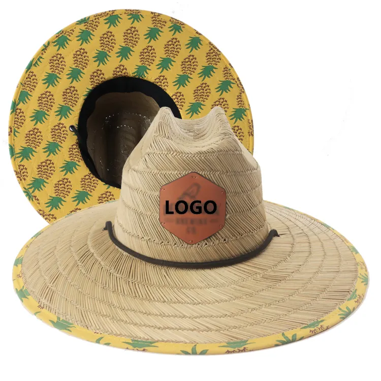 Topi Jerami Tepi Lebar Uniseks, Topi Jerami Alami Luar Ruangan Musim Panas dengan Logo