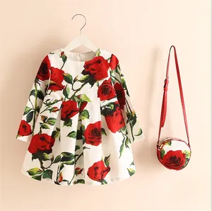 Girls Autumn Dress Princess Costume Flower Print Cotton Skirt Children Clothes With Bag