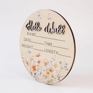 Panneau d'annonce de naissance « Hello World » Papillon, accessoire photo nouveau-né motif fleurs sauvages, disque de révélation du nom en bois de 15 cm et cadeau de naissance - Product Image 4