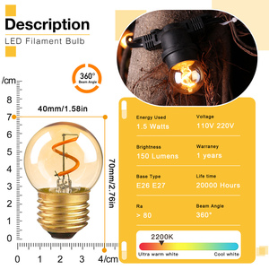 E27 cơ sở xoắn ốc <span class=keywords><strong>Led</strong></span> Filament ánh sáng bóng đèn 1.5W Dimmable hổ phách thủy tinh nhỏ toàn cầu trang trí bóng đèn <span class=keywords><strong>G40</strong></span> cho chiếu sáng sân vườn trong nhà AC - Product Image 3