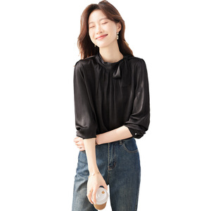 White Bow <b>Tie</b> Blouse Women Spring Summer Acetate Satin Solid Color Everyday Wear - Product Image 5