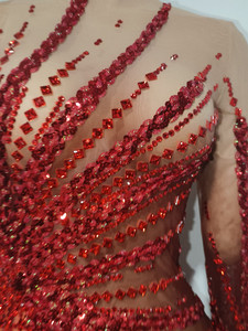 Abito da Sera Lungo Monospalla Rosso con Strass e Paillettes, Vestito da Donna con Spacco Alto per Feste in Club, Abito da Cerimonia per Festival - Product Image 6