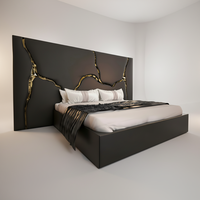 Lit king size en cuir véritable de luxe haut de gamme, design italien moderne minimaliste, noir et or, avec finition craquelée, rembourré, design de créateur.