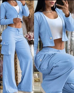 Ensemble deux pièces C1210 pour femmes, <span class=keywords><strong>pantalon</strong></span> large à motifs patchwork et haut court à manches longues, tenues pour femmes, ensemble de <span class=keywords><strong>pantalon</strong></span> avec poche - Product Image 3
