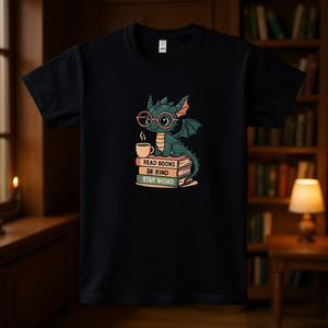 T-shirt Dragons And Books, nera, unisex, taglia media per adulti, con grafica di un simpatico drago che legge i libri - Product Image 3