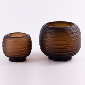 Premium Amber Brown Gradient Ribbed Glass Vase Set Artisanal Spherical Design Horizontal Stripes Art Deco Handmade <b>Table</b> - Product Image 1