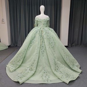 Lsany214 Luxury Green <b>Ball</b> Gown Wedding Dress Ruffled Lace Appliques Beaded Detail Brush Plus Size Wedding Dress Jancember - Product Image 3