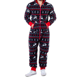Baju terusan lengan panjang pria, jumpsuit Natal poliester lembut cetak piyama bertudung Natal satu buah - Product Image 2