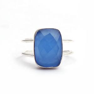 แหวนพลอยพลอยคาลซิโดนีสีฟ้าชุบเงินทำด้วยมือสายคู่ปรับได้รูปทรงแปดเหลี่ยมของขวัญเครื่องประดับแฟชัน - Product Image 1