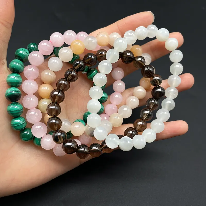 Bracelets de perles en pierre semi-précieuse Malachite artificielle Pêche Aventurine Quartz Rose Quartz fumé Bracelet de pierre de lune blanche