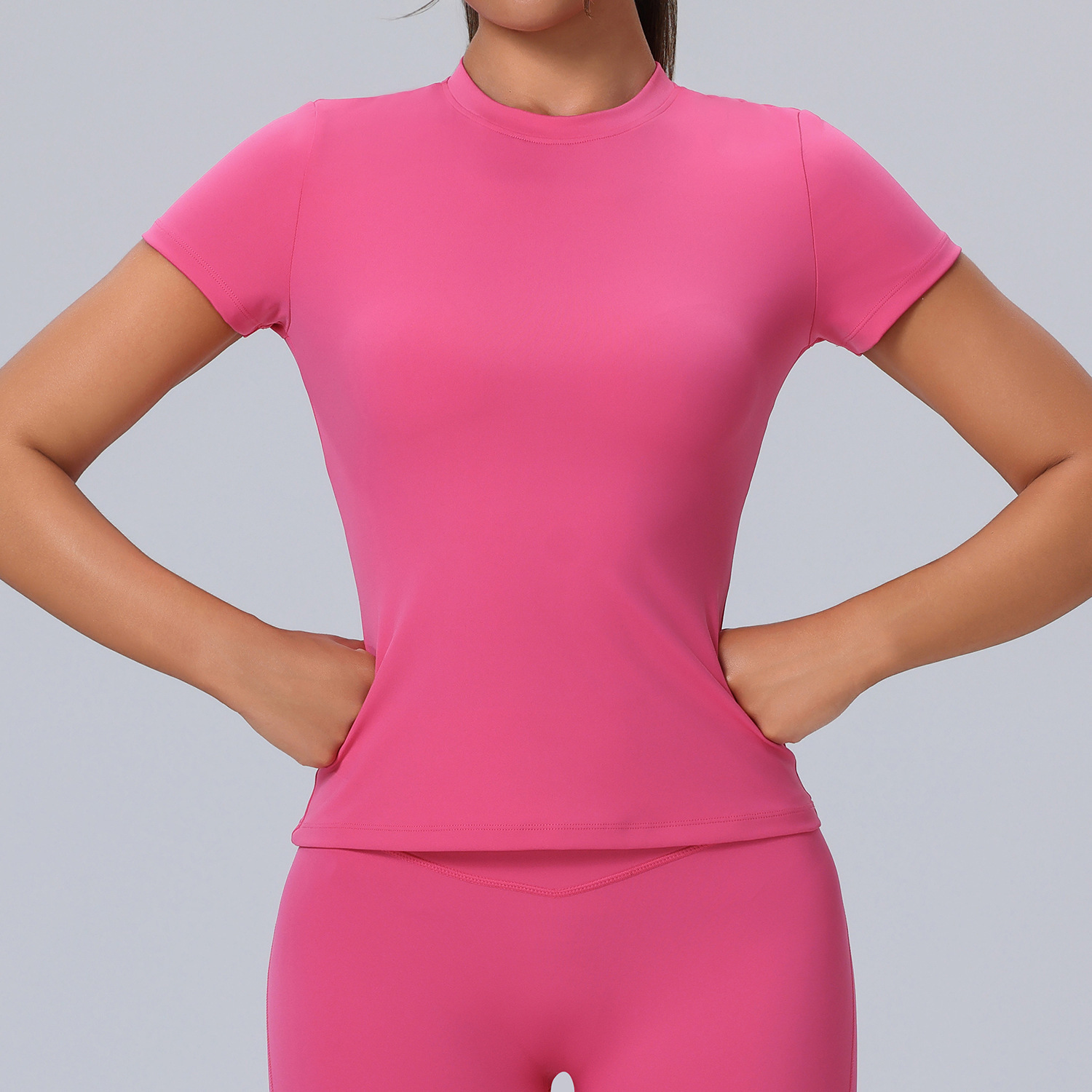 New Round Neck Fitness Suit Short Sleeved Women's High Elasticity Breathable Tight Fitting Sports T-shirt Prati Yoga Suit Top