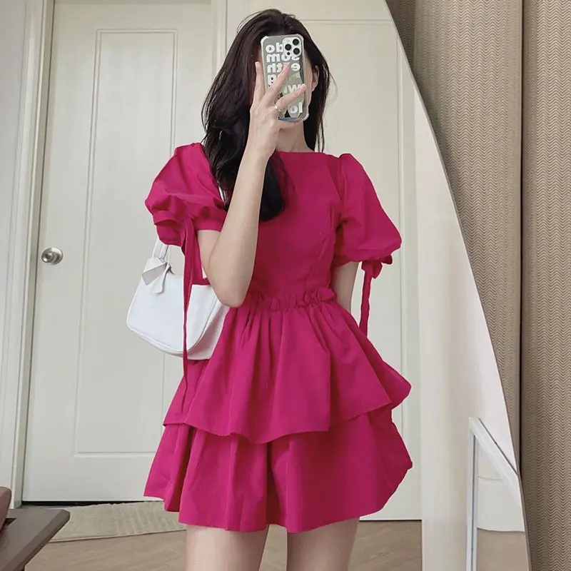 Großhandel Korean Chic Summer Western ized Age Reduzieren Rundhals Rüschen Hohe Taille Dünne Schnürung Bubble Sleeve Kleid