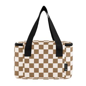 12 Cans Brown White Checkered Lunch Bag Reusable Insulated Tote Custom Logo Mini Cooler Lunch Bag with Short Handles - Product Image 4