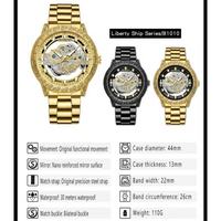 Jam Tangan Pria BINBOND B1010 Original, Model Double Hollow Fashion, Bahan Stainless Steel Mewah Tahan Air Warna Emas, Quartz untuk Bisnis