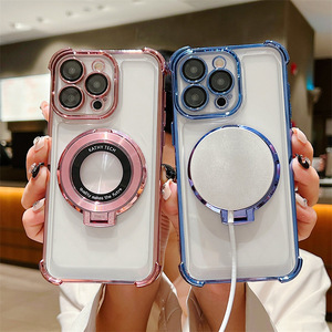 Étui magnétique antichoc en TPU transparent de luxe au design sportif pour iPhone 11/12/13/14/15/16/15 Pro Max avec support de téléphone électroplaqué - Product Image 1