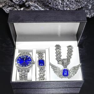Herren Hip-Hop Analoguhr mit Zifferblatt, 22 mm Engelsflügel Edelstein-Anhänger-Set, Neues Water Ghost Strass-Modell, 38 mm Quarzwerk, 10 mm Gehäuse - Product Image 1