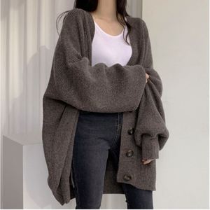 Women's Autumn Winter Long <b>Coat</b> Casual Lazy Style V-Neck Single-Breasted Loose Lantern Sleeve Knitted <b>Cardigan</b> - Product Image 3