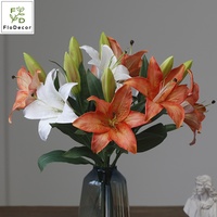 Vente en gros de fleurs artificielles en tissu de soie enduit de latex, effet toucher réel, 3 têtes de lys blancs de 50 cm, pour centre de table de fête, décoration de mariage