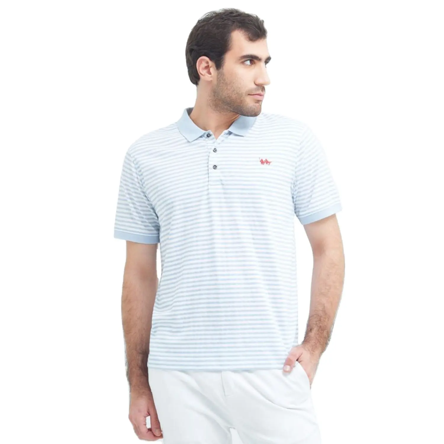 MENS STRIPED SWEATER POLO SHIRT WITH SMALL PATCH EMBROIDERY