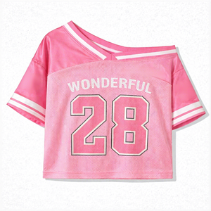 <b>Wonderful</b> 28 Pink Mesh Jersey Crop Top Cold Shoulder Short Sleeve Plus Size Y2K Style O-Neck 100% Cotton <b>Women's</b> <b>T</b>-<b>Shirt</b> - Product Image 1