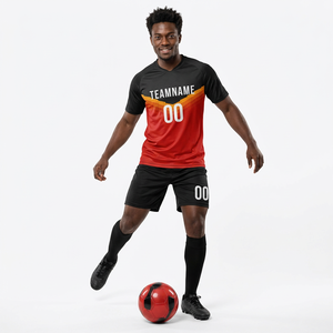 Maillot de football personnalisé sublimé pour homme, rouge et noir, manches courtes, anti-transpiration, coupe athlétique, nom de l'équipe imprimé, toutes saisons - Product Image 5