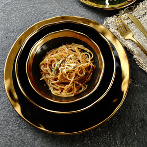 Luxury Black Ceramic Gold Plated <b>Large</b> Salad <b>Bowl</b> Exquisite Tableware - Product Image 3