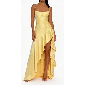 Sexy Women's <b>Spaghetti</b> <b>Strap</b> Backless Ruffled Asymmetric Slit Dress Evening Gown Dresses Fashion - Product Image 2