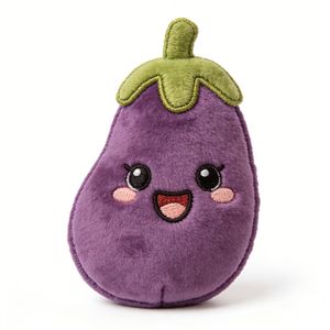 Peluche de berenjena morada con forma de pera, personalizado, con tallo y calice de felpa verde oliva, extremidades moradas a juego. - Product Image 1
