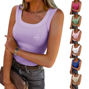 Vente en gros broderie personnalisée 95 coton 5 Spandex extensible coupe ajustée débardeur de sport pour femmes couleur unie côtelé débardeur pour femmes - Product Image 5