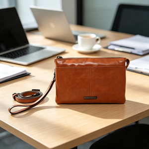 Sac bandoulière en cuir souple marron avec poche avant, sangle de poignet amovible et fermeture éclair, petit sac à main - Product Image 4