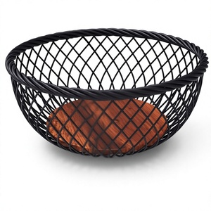 Corbeille en fil de fer diamanté avec base en bois, style rustique moderne, pour décoration intérieure, centre de table de salon, organisateur de table, panier à fruits - Product Image 1